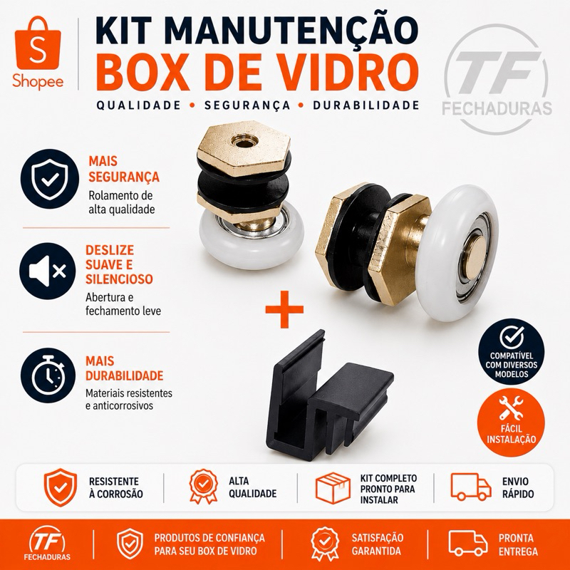 2 Roldanas P/ Box De Vidro Blindex E 1 Guia Nylon Deslizante