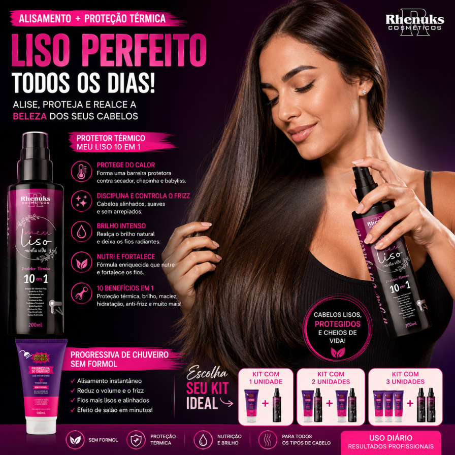 Progressiva de Chuveiro Sem Formol 100ml + Spray Protetor Térmico Meu Liso 200ml - Kit Liso Perfeito — imagem 2 de 2