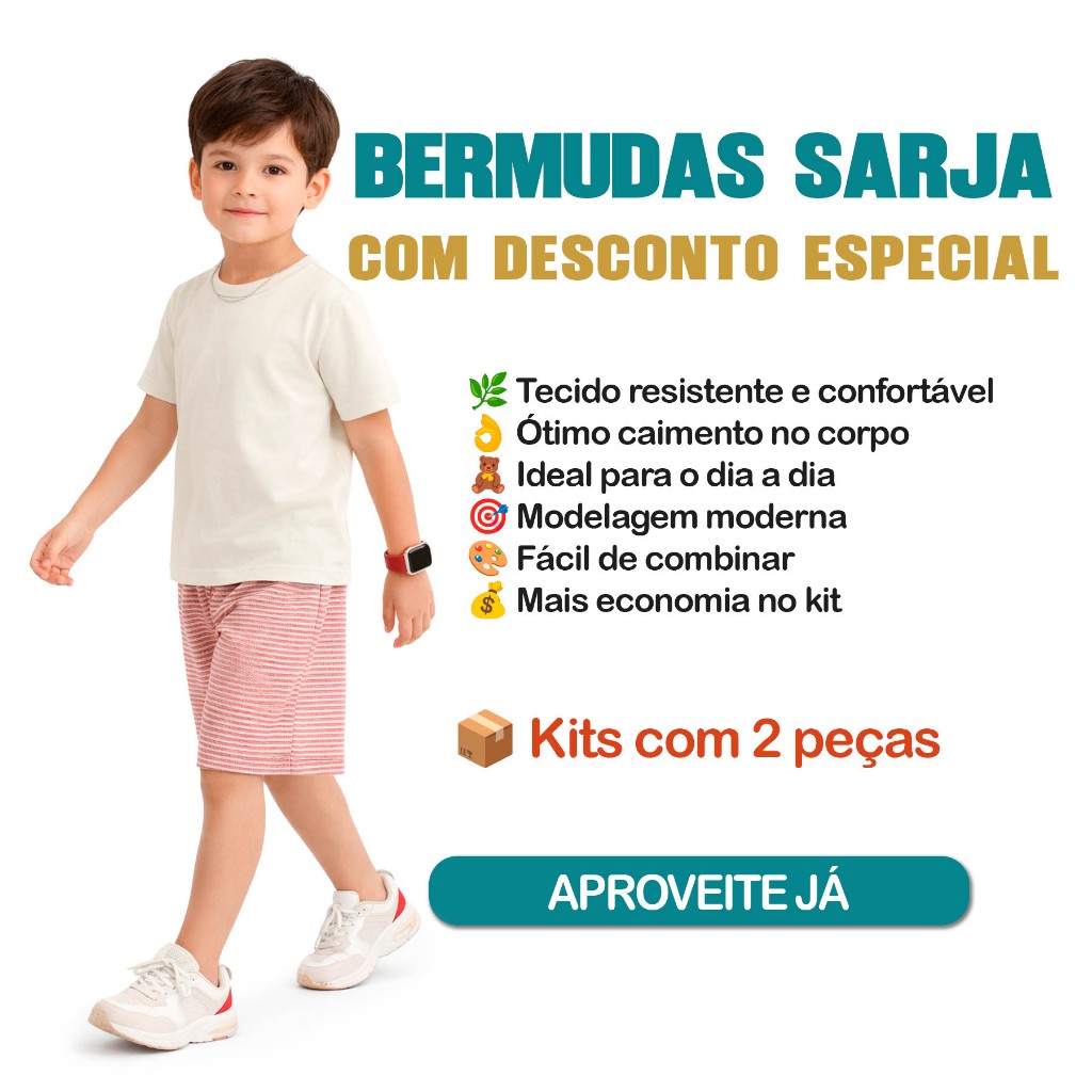 Kit Bermudas Infantil Menino Sarja Sortidas Dino Listrada Lisa Kit 2, 3 ou 5 Peças Verão Dia a Dia