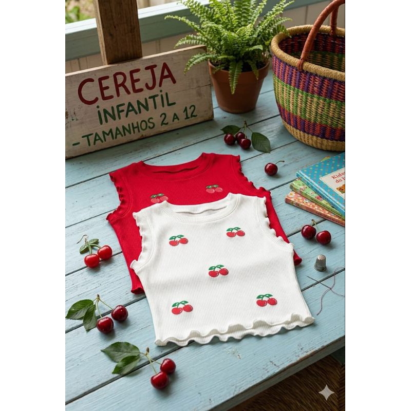 Regata Infantil Menina Canelada Cerejinhas – Confortável e Estilo Blogueirinha (Tamanhos 2 ao 12)