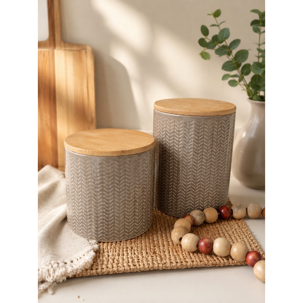Conjunto de Potes Herméticos de Cerâmica OIKOS Zig Zag Bege com Tampa de Bambu – 900ml e 1,2L | Porta Mantimentos