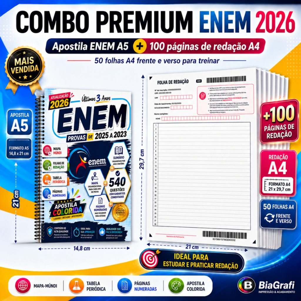 Kit ENEM 2026 A5 (21x14,8 cm) Provas +Gabaritos Últimos 3 Anos + 100 pág Redação + Periódica + Mundi