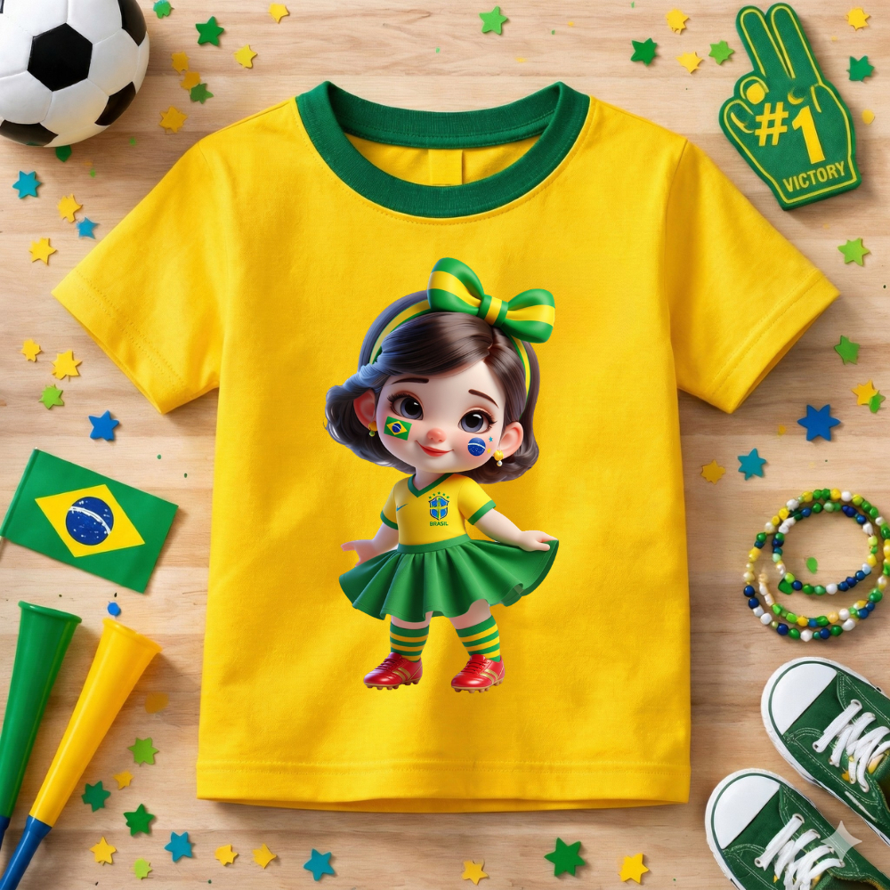Camiseta Infantil Copa Do Mundo Personalizada  Lançamento Brasil Algodão Premium Confortável