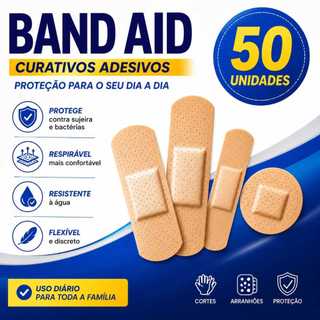Kit 50 Band Aid Curativo Adesivo Primeiros Socorros Uso Diário Proteção Para Pequenos Ferimentos