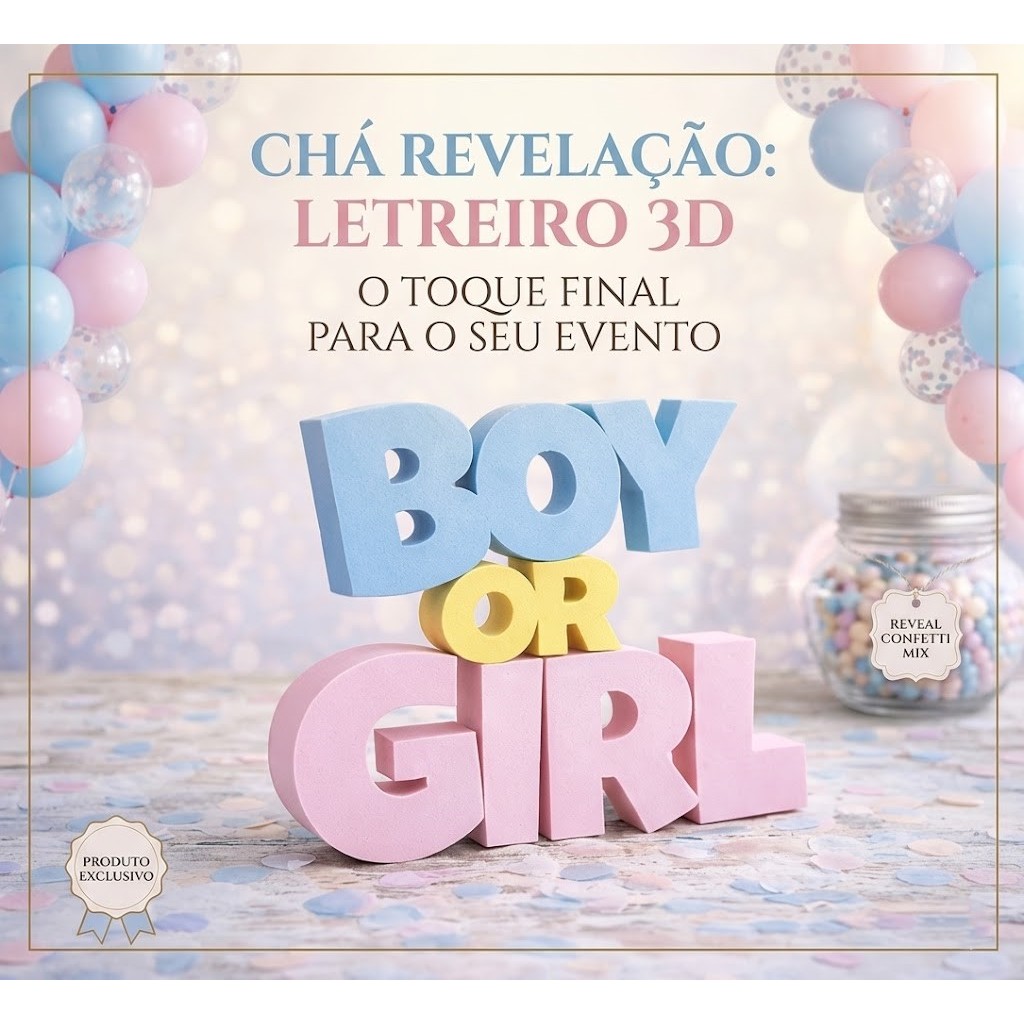 Letreiro Enfeite Decorativo Chá Revelação Boy or Girl Decoração de Festa 3D Placa Decorativa Presente