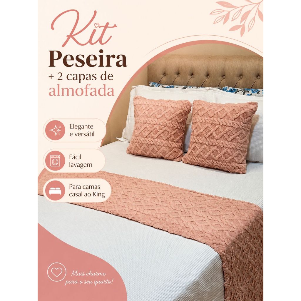 Kit Peseira Manta- 3 Peças.( 2 Capas de Almofadas + Peseira) Casal, Quenn e King. Fofinho e Elegante