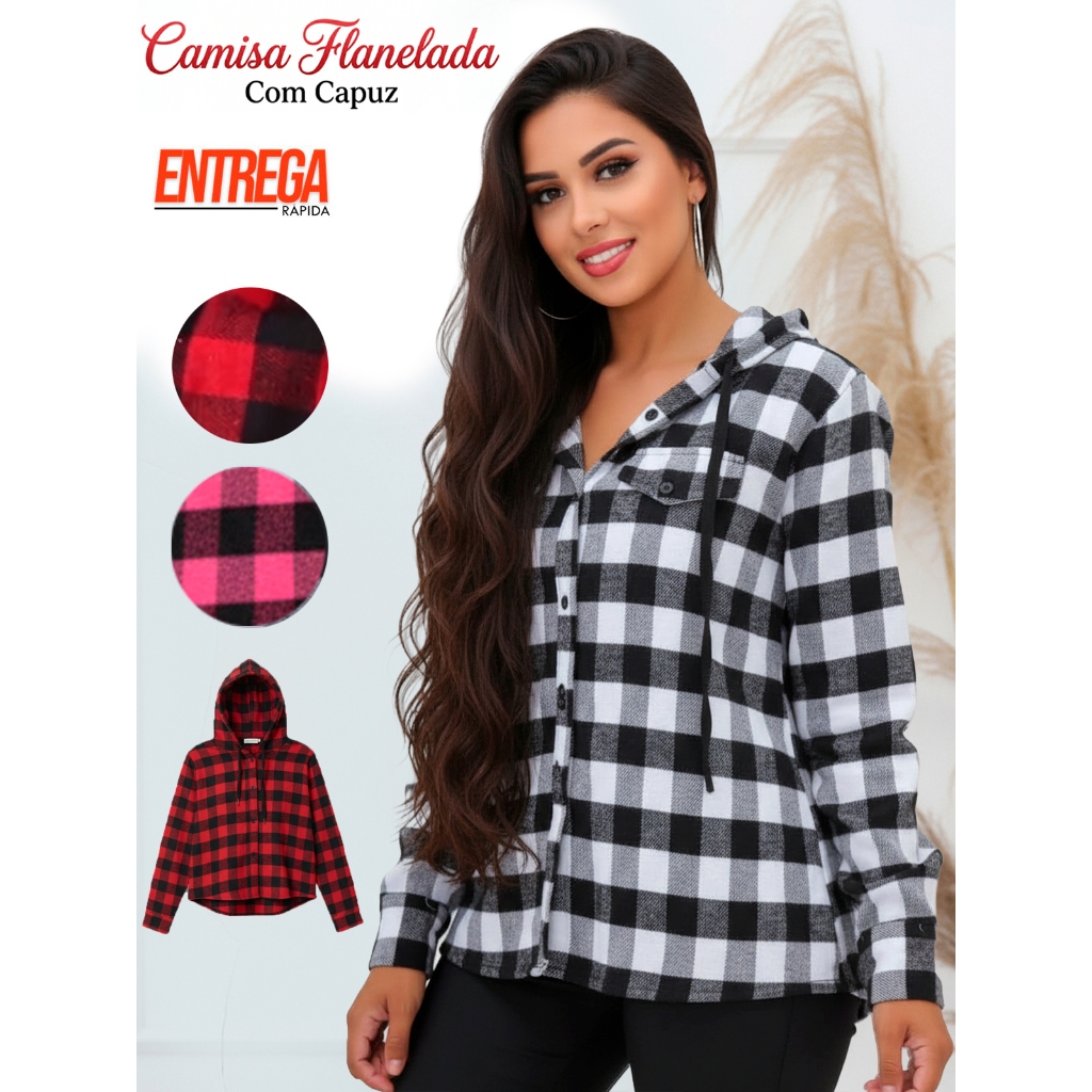Camisa Xadrez Feminina Com Touca Blusa Manga Longa Quadriculada Flanelada De Botões Arraial