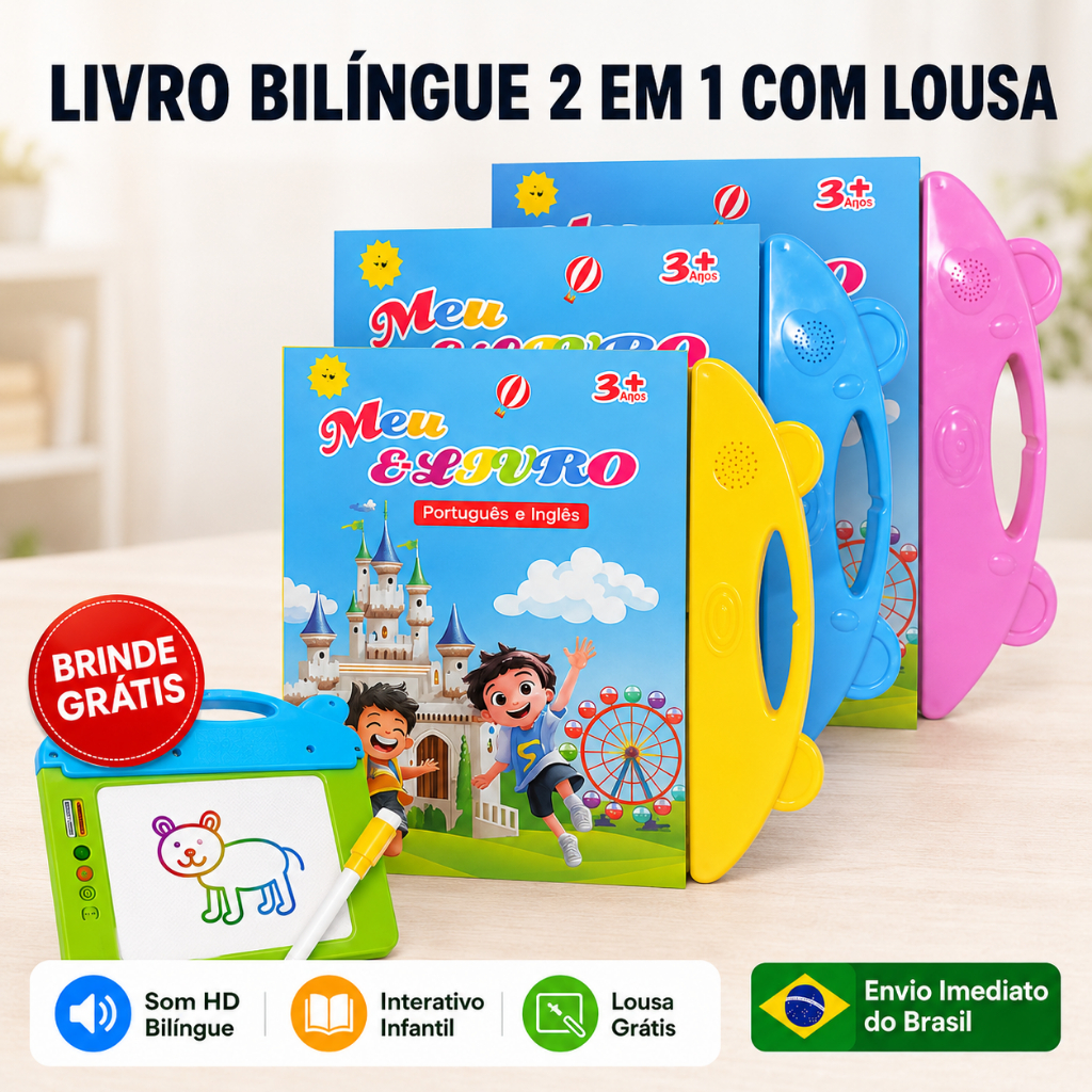 Livro Infantil Interativo com Som Bilíngue Português-Inglês Brinquedo Educativo 2 em 1 Lousa Mágica