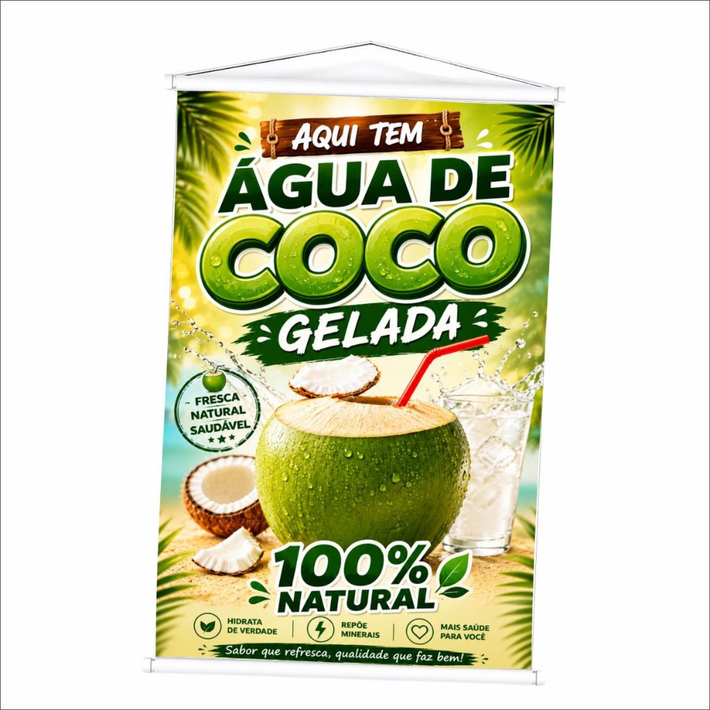 Banner Água de Coco Gelada 100% Natural produzido em lona. Cartaz Propaganda Divulgação Barracas Lanchonetes Padarias