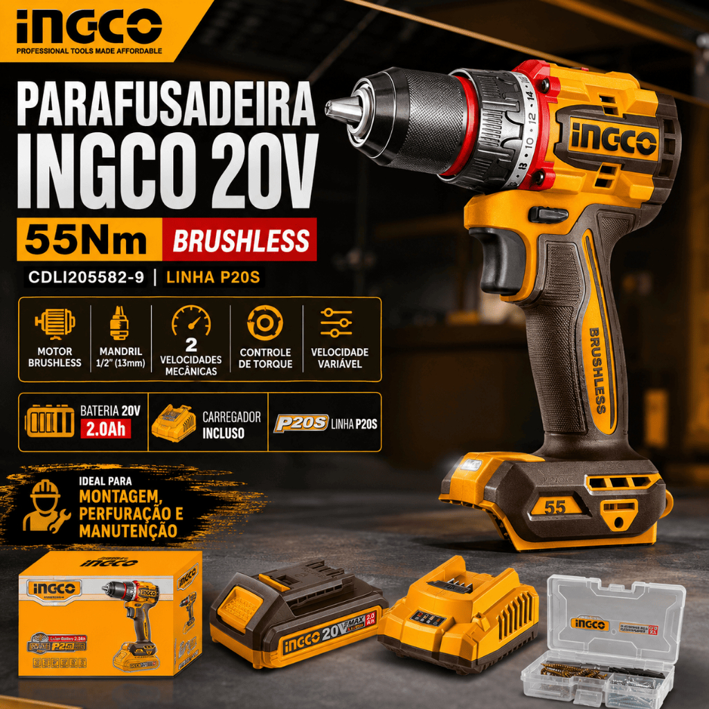 Parafusadeira Furadeira INGCO 20V Brushless 55Nm 1/2 Pol C/ Bateria e Carregador P20S CDLI205582-9