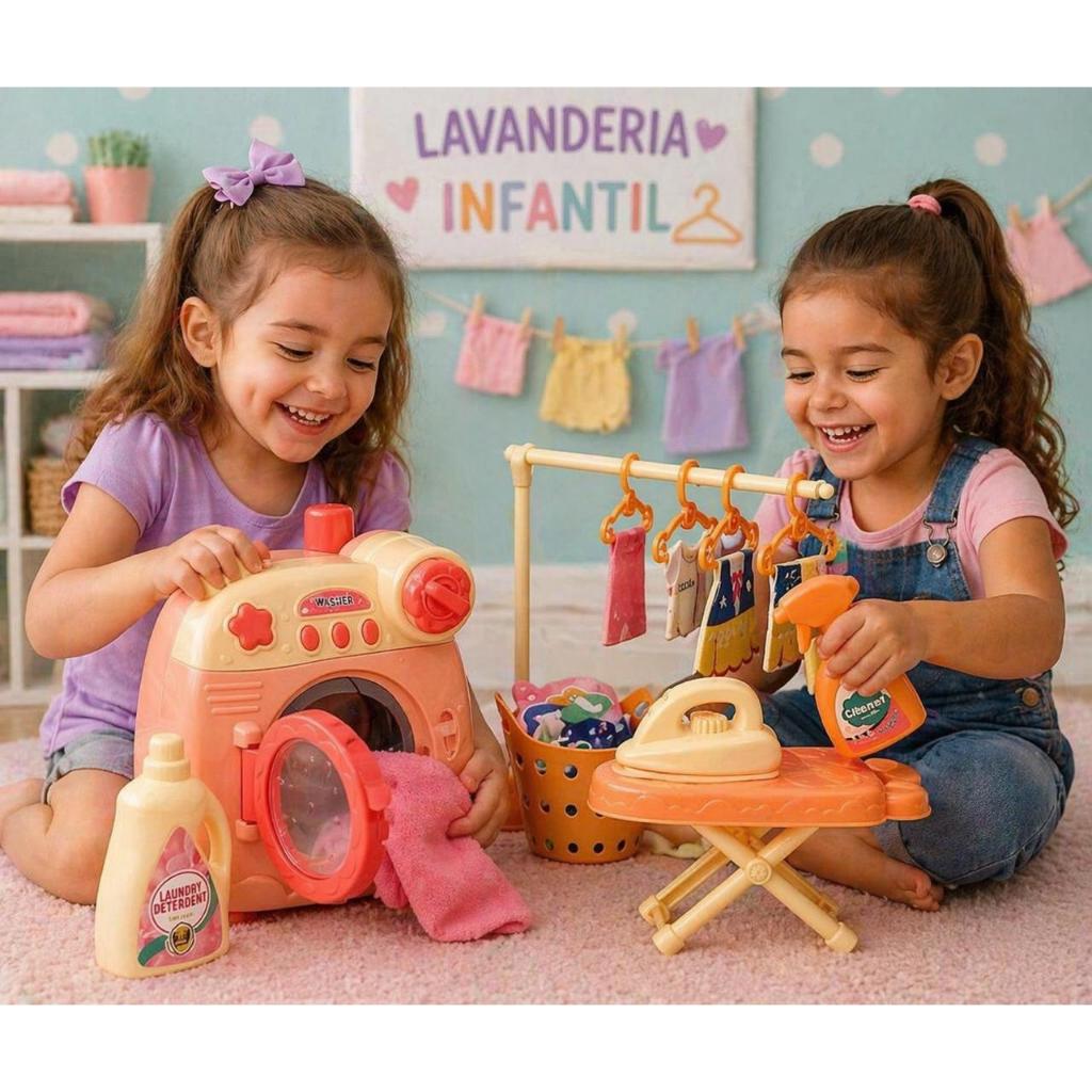 Kit Lavanderia Infantil Máquina Lavar Ferro Tábua Brinquedo Criança