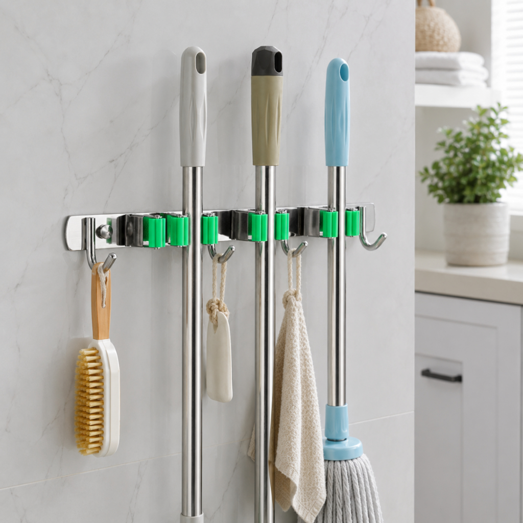 Suporte Vassoura Panos Acessórios Aço Inox Organizador Resistente 7 Ganchos Porta Vassouras CHEF D