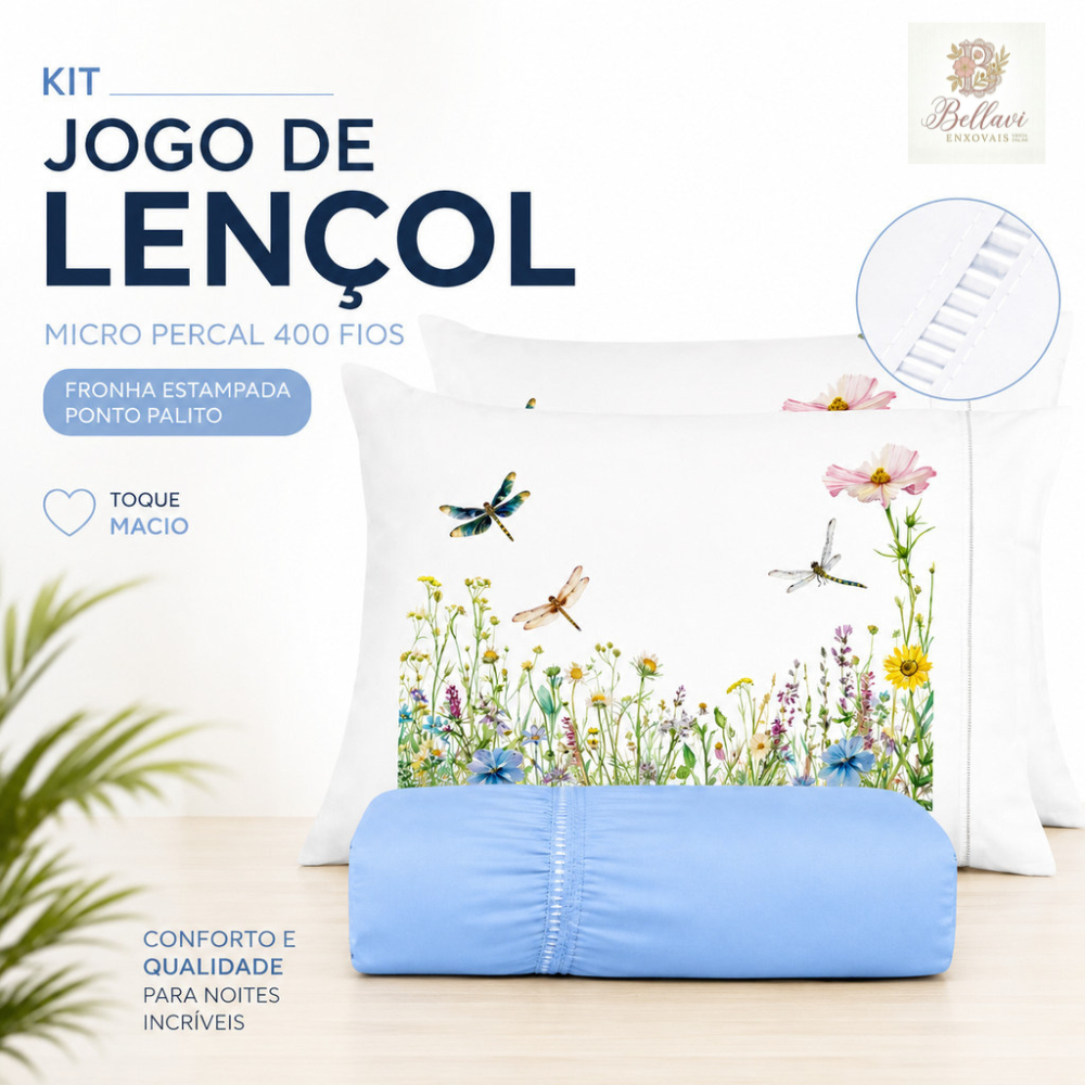 Kit Jogo De Lençol Micropercal 400 Fios Fronha Estampada Ponto Palito - Libélula Lançamento