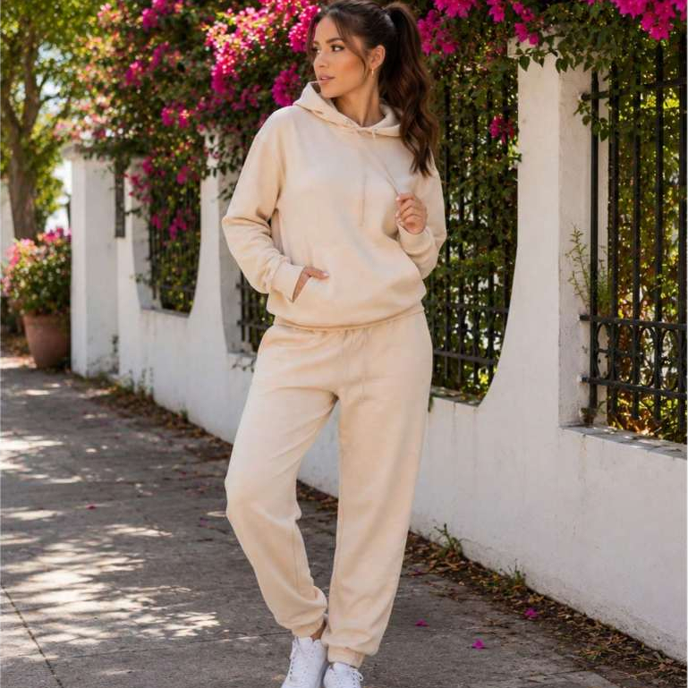Conjunto Moletom Feminino Oversize Abrigo Blusa e Calça de Frio Flanelado Canguru Capuz Inverno