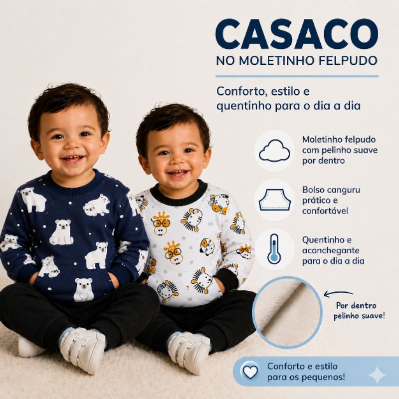 Casaco Infantil Menino Moletom Felpudo Inverno Bebê Blusa Quentinha com Bolso Canguru Roupa Bebê Confortável