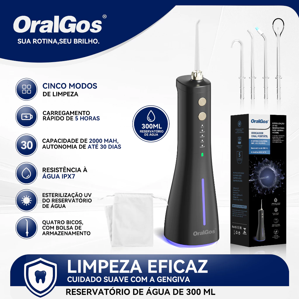 OralGos Irrigador Bucal Portátil+Esterilização UV,Reservatório De 300ml+Cinco Modos De Pressão