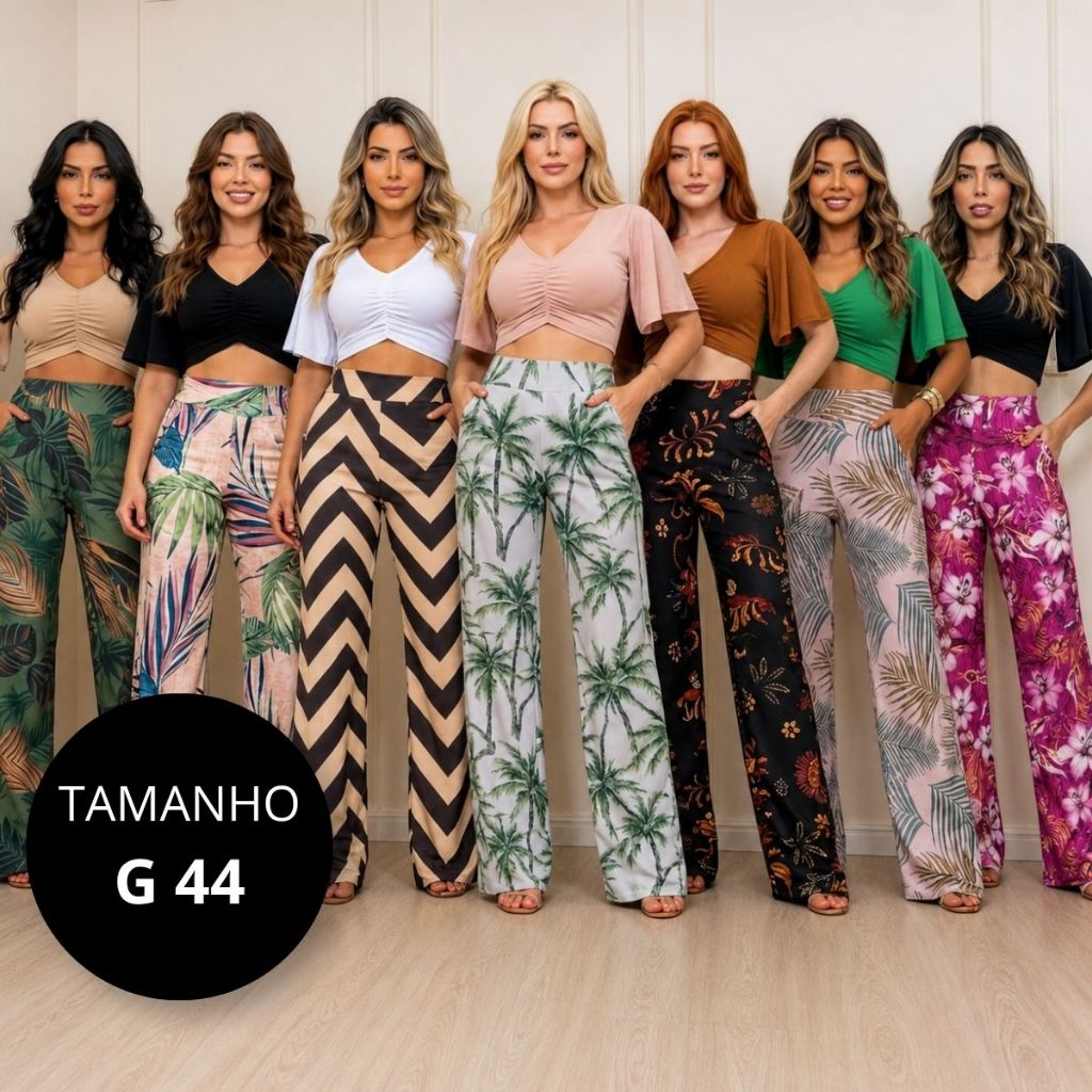 Calça Pantalona Feminina Cintura Alta Bolso Tamanho 44 G Reta Suplex Reforçada Slim Estampado