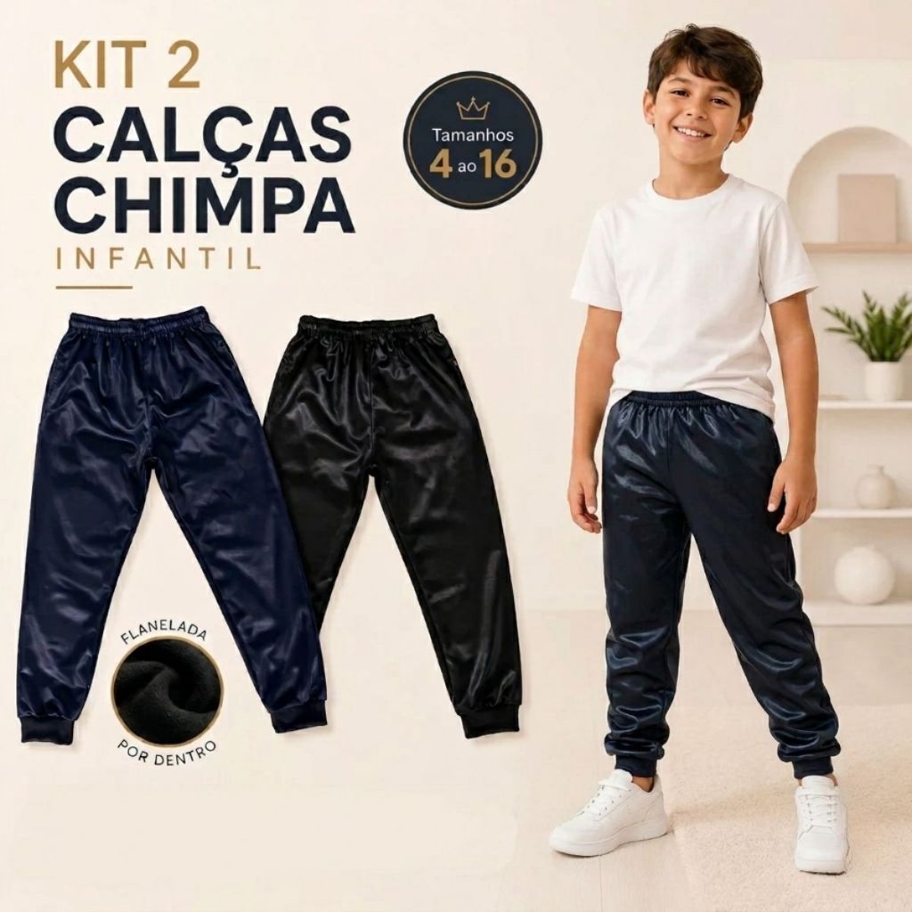 Kit 2 Calças Infantil Juvenil Preta e Cinza Escola Inverno Chimpa Flanelado Jogger