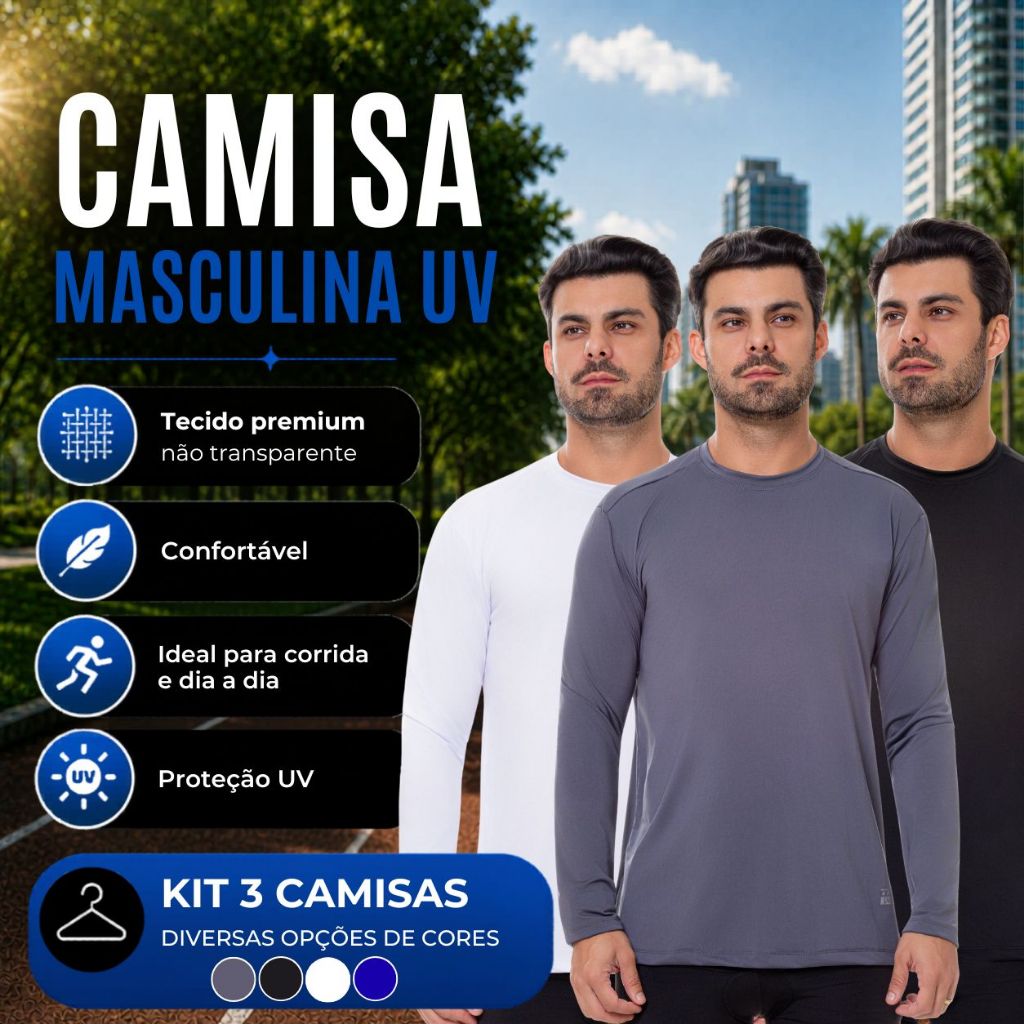 Kit 3 Camisas Masculina Manga Longa Proteção Solar Uv Térmica Segunda Pele Praia Verão