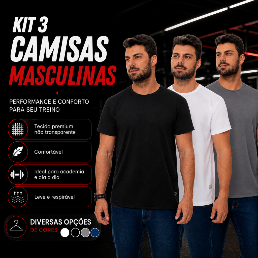 Kit 3 Camisa Camiseta Blusa Dry Fit Masculina Manga Curta Academia Treino Esportiva Corrida Proteção Uv
