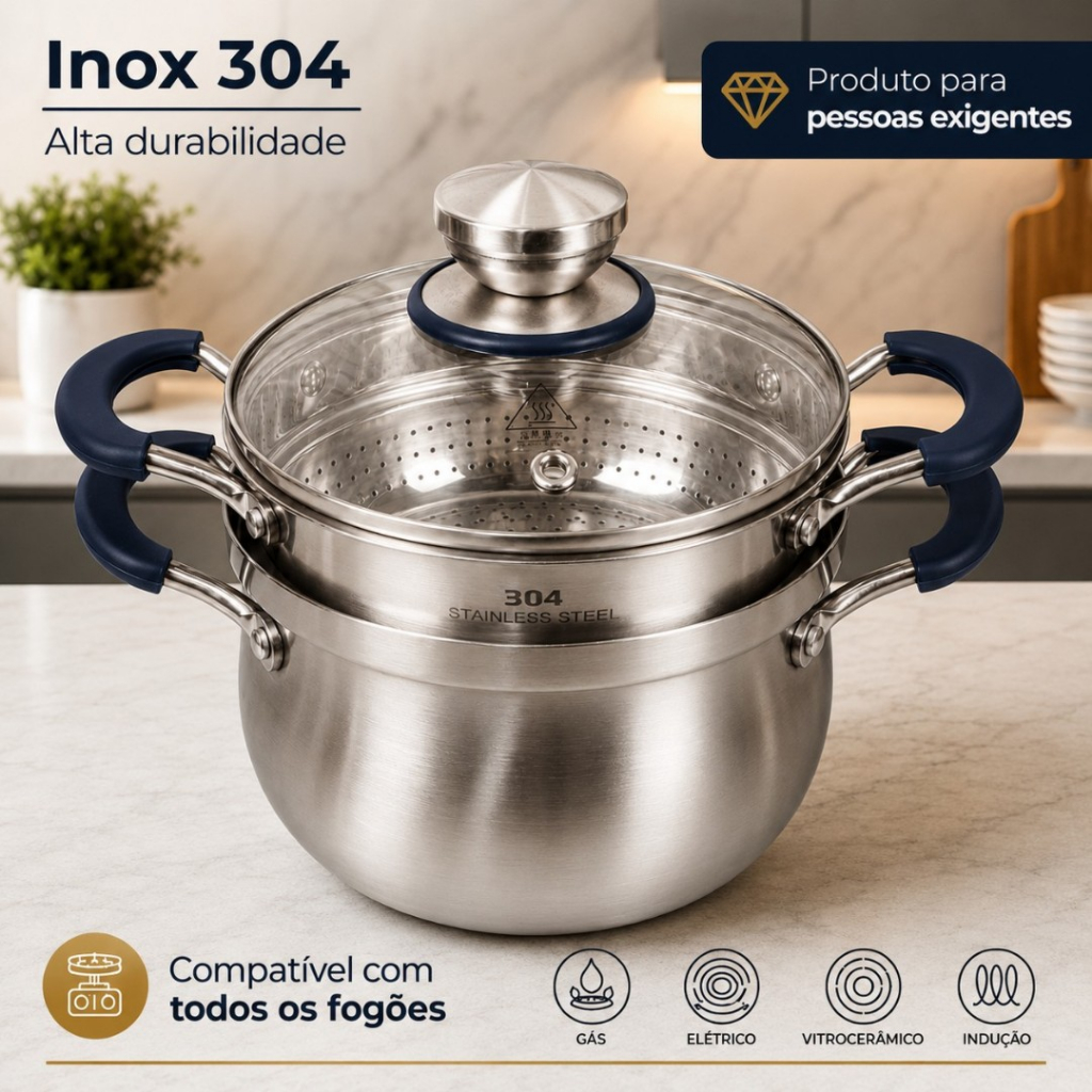 Panela Inox 304 20cm Caldeirão 4 Litros com Tampa