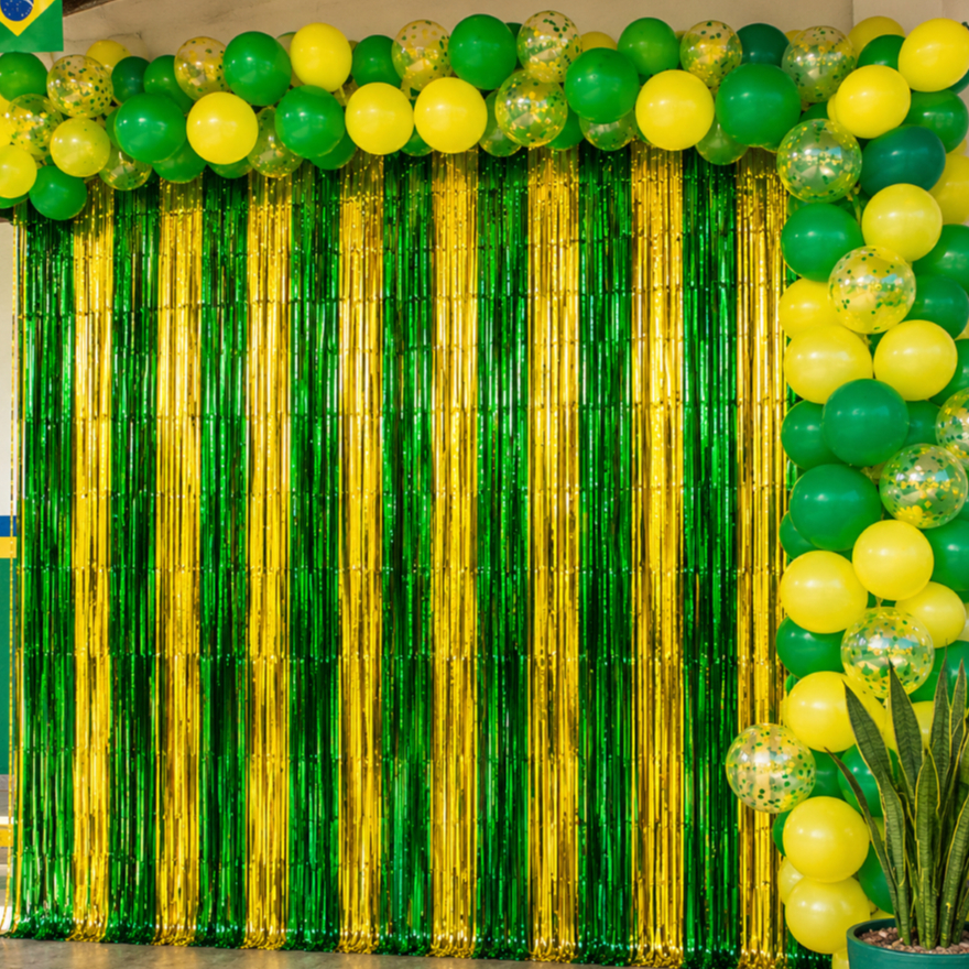 Cortinas Verde e Amarela Brasil Metalizada Franja Festa Copa do Mundo 2026 Decoração Cenário