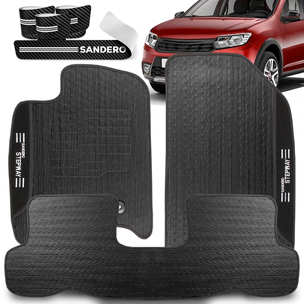 Tapete Bordado Sandero Stepway 3 Peças 08 10 23 24 25 + Soleira Vinil Contra Riscos Kit Completo 4p