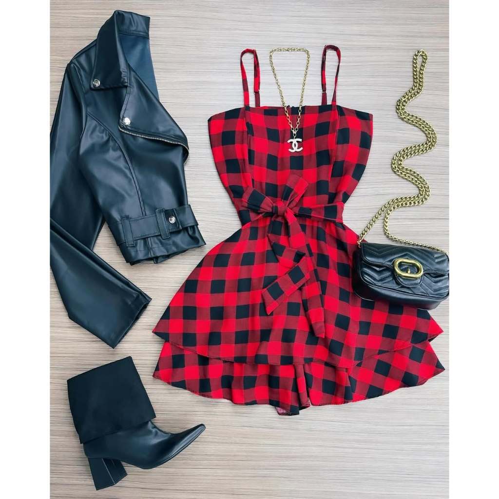 Vestido Feminino Macaquinho com Bojo Short por baixo Elastex nas Costas Festa Junina Xadrez