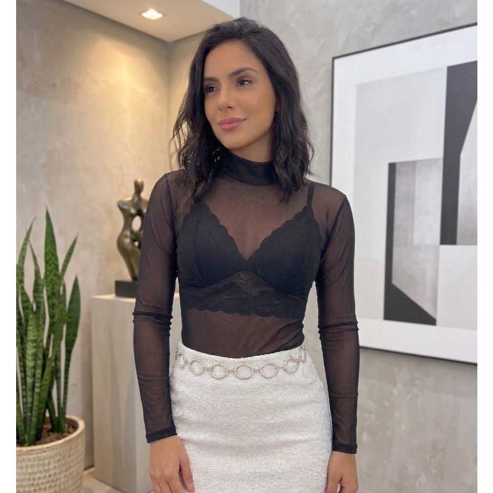 Body tule Blusa Transparente em Tule Preto com Manga Longa Bore Bori inverno