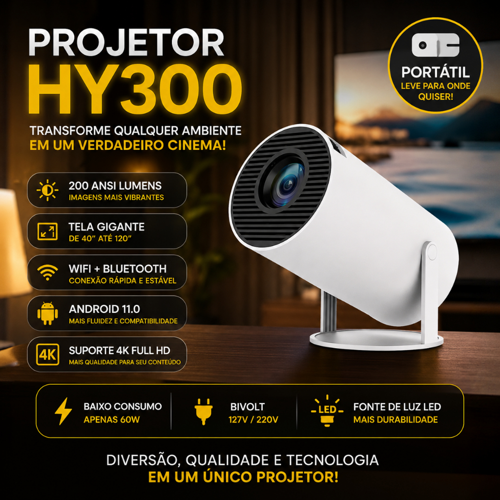 Mini Projetor HY300 WiFi Bluetooth Android 11 HD 4K Portátil Home Theater Smart Cinema Jogos