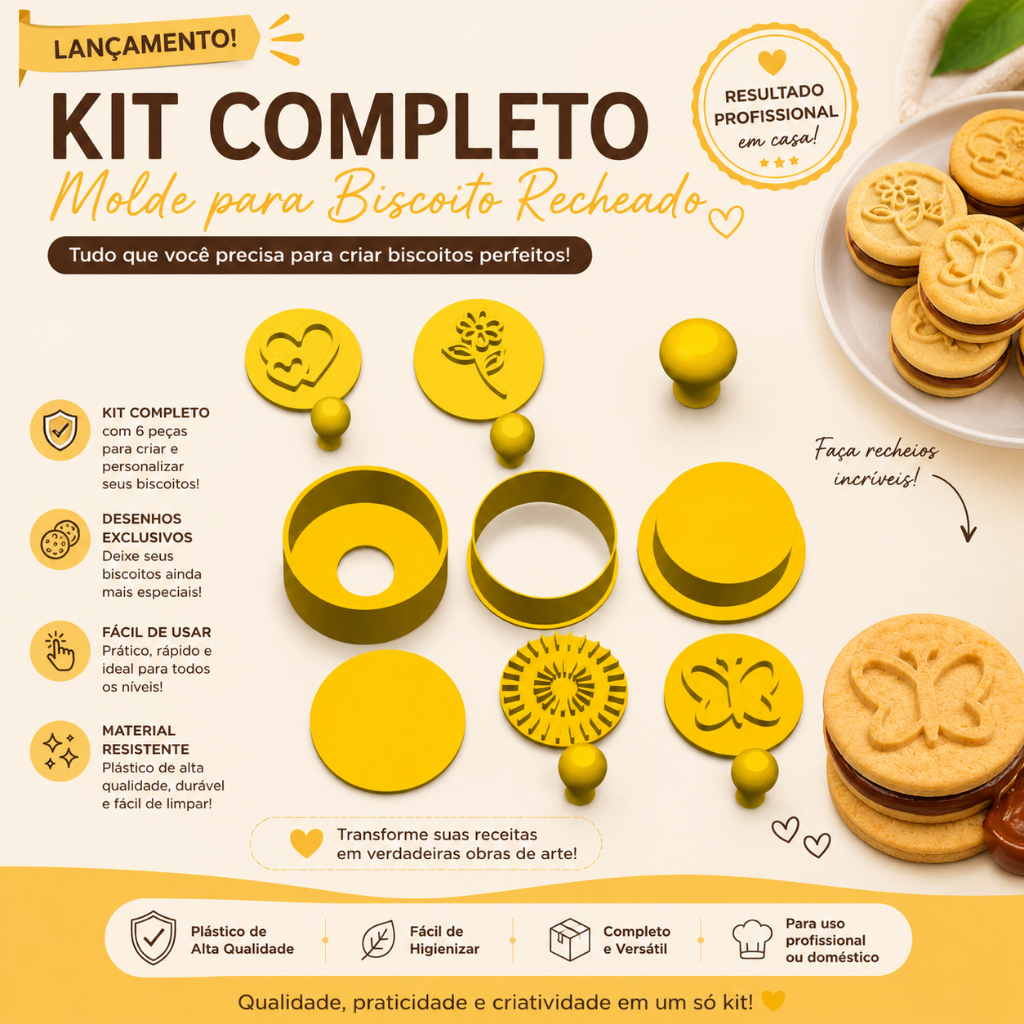 CORTADOR DE BISCOITO BISCOMOLD TECO 3D 4 CM + CARIMBO CORAÇÃO,FLOR E BORBOLETA RECHEADO TORTINHA BISCONUT