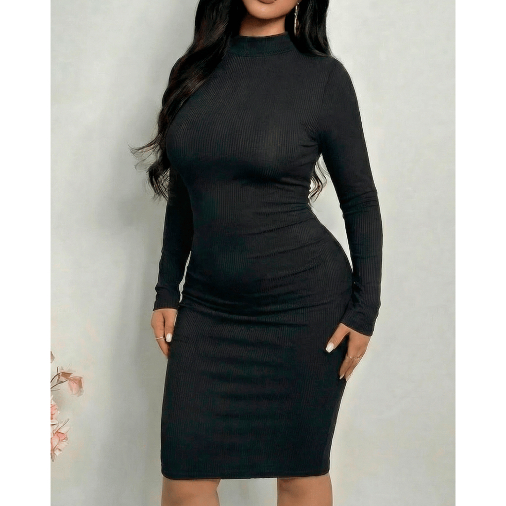 Vestido Midi Plus Size Elegante Canelado Gola Alta Inverno De Frio Feminino Manga Longa Festa