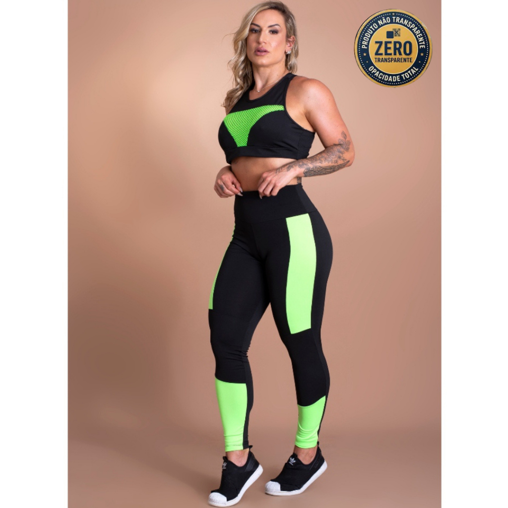 Conjunto Fitness Feminino Calça Legging Cintura Alta Faixa Lateral Detalhe E Top Moda Academia Tela ZERO TRANSPARÊNCIA