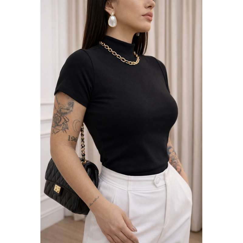 ✨ Blusa Feminina Canelada Ribana Preta Manga Curta | Tamanho Único Veste 36 ao 42 | Básica Casual