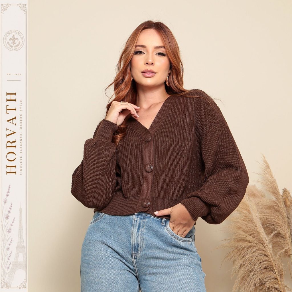 Casaco Cardigan Feminino HORVATH em Tricô Tipo Lã Curto com Botões Inverno Elegante 36 ao 44