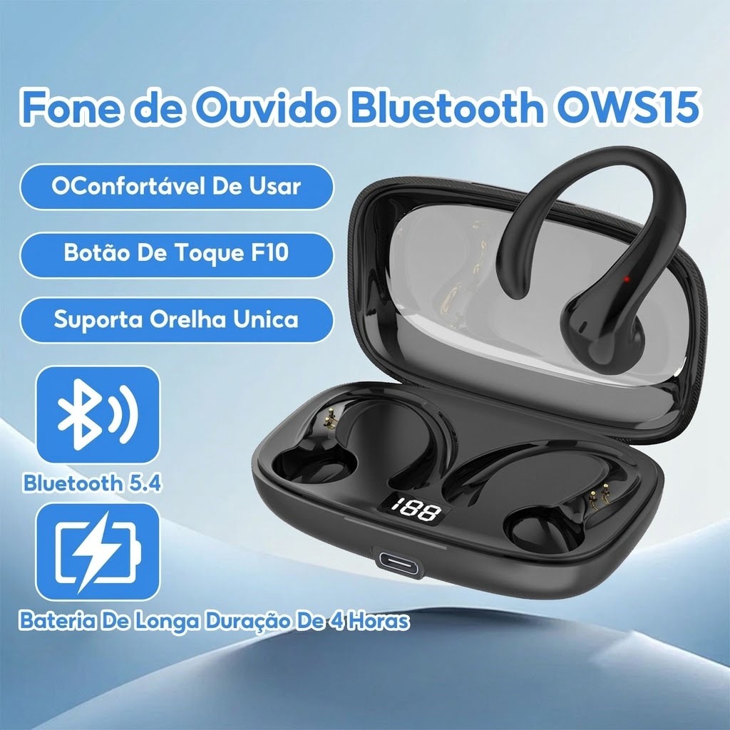 Fone de Ouvido Bluetooth Sem Fio OWS15 Open-end Ultra-Long Battery Lifety de 4 horas Design Não-Ouvido