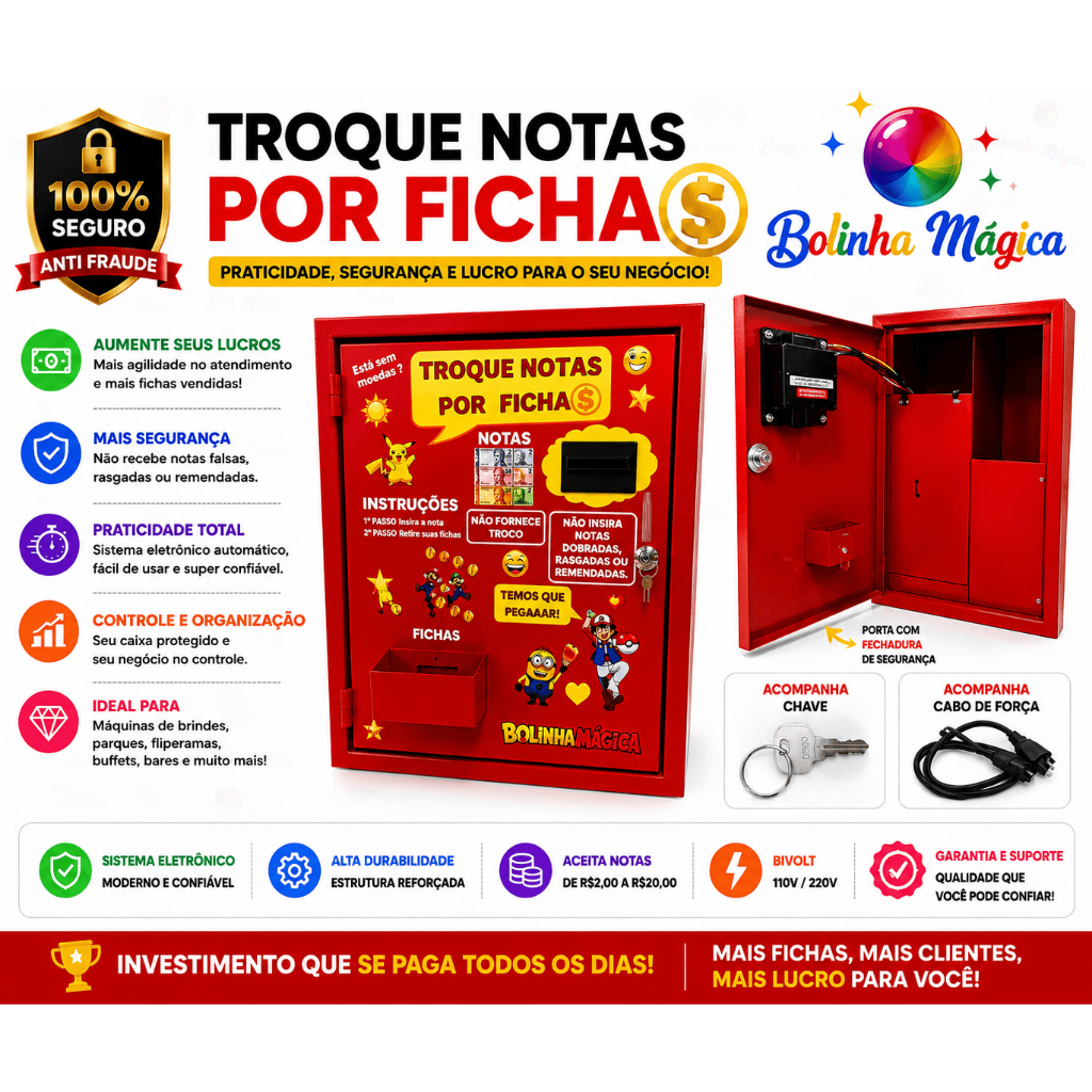 Máquina de Fichas Para Máquina De Bolinha Vending Machine Troca Fichas Aceita Cédula