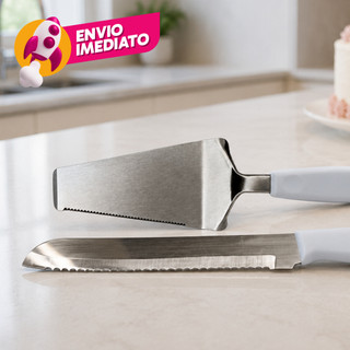 Kit Bolo 2 Pç Conjunto Faca E Espátula Para Bolo Cabo Branco Em Aço Inox Jogo Para Confeitaria