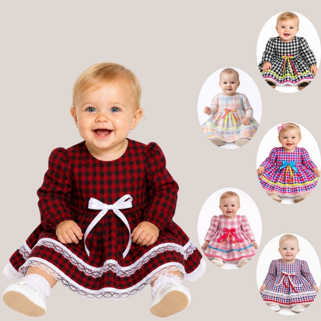 Vestido Junino Bebê Menina Caipira Xadrez com Renda e Laço São João Mesversário