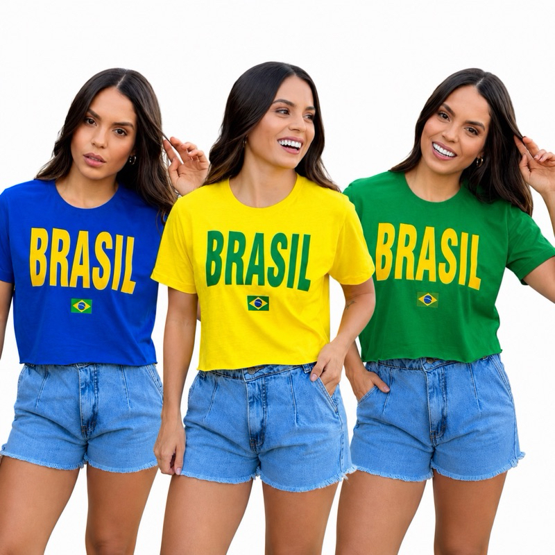 Cropped oversized Brasil Feminino Copa do Mundo Estampa bandera 100% algodao Estilo blogueira tendencia 2026 jogo