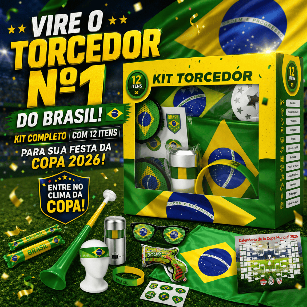 Kit Torcedor Brasil Copa 2026 Completo 12 Peças Acessórios Festa Futebol Seleção Brasileira