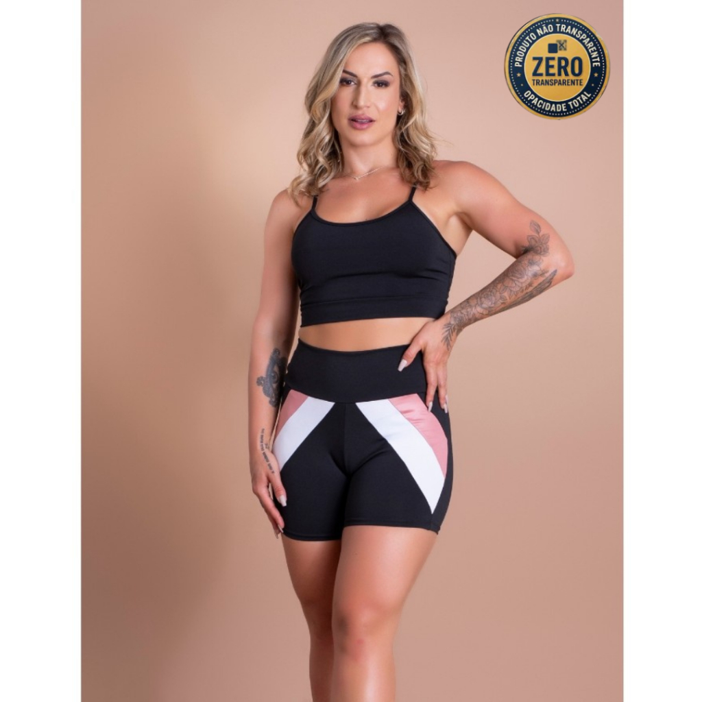 Conjunto Fitness Feminino Short Curto Detalhe Cintura Alta e Top Cropped Alcinha Academia Treino ZERO TRANSPARÊNCIA