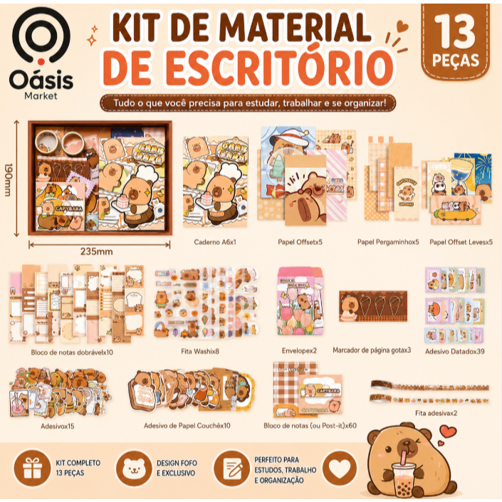 Kit Escolar Kawaii Capivara 13PCS Presente Criativo Infantil