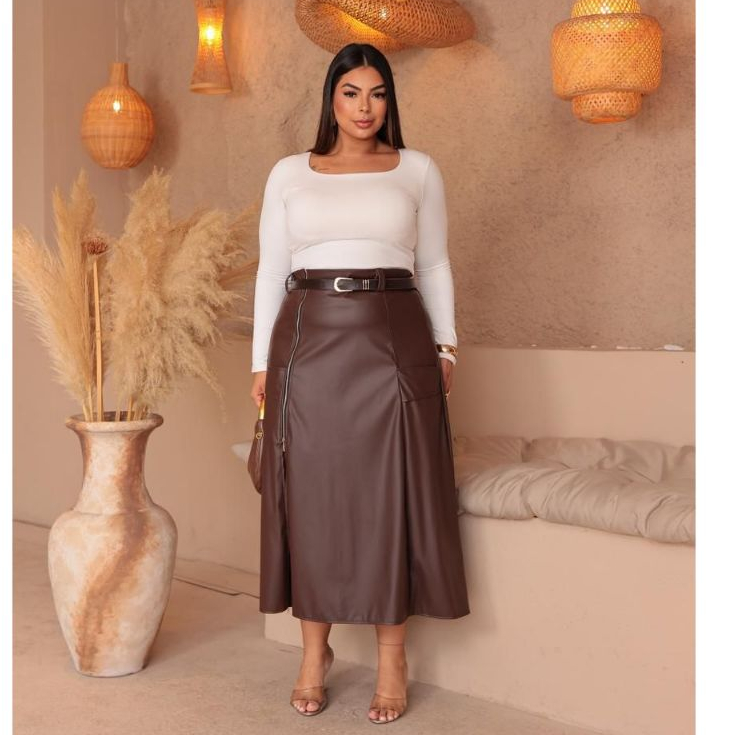 SAYA LONGA PLUS SIZE FEMININA COURO CON ZIPER NA FRENTE  ELEGANTE