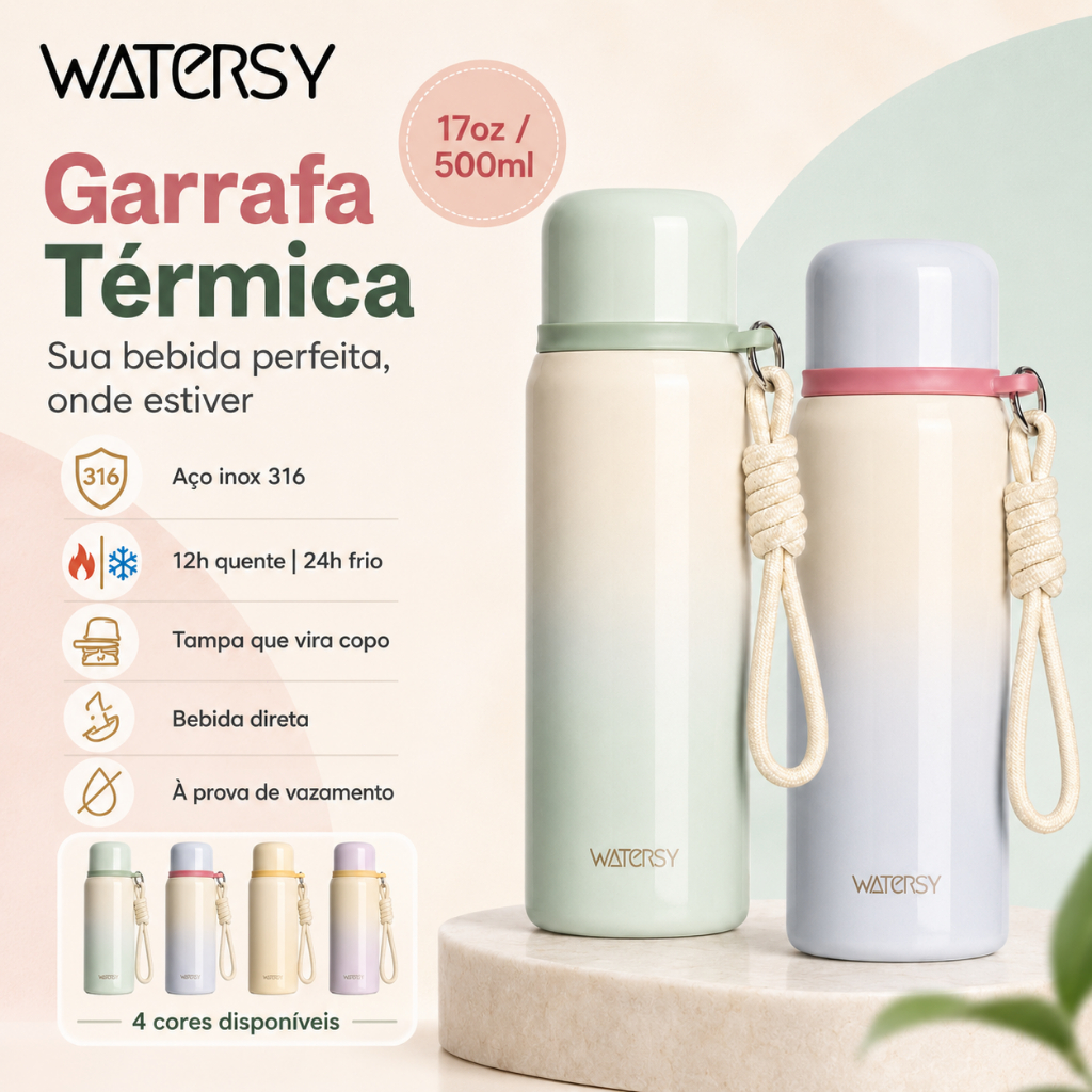 Watersy Garrafa Térmica 500ml Inox 304 Quente/Frio com Alça - Ideal para Esportes e Escola
