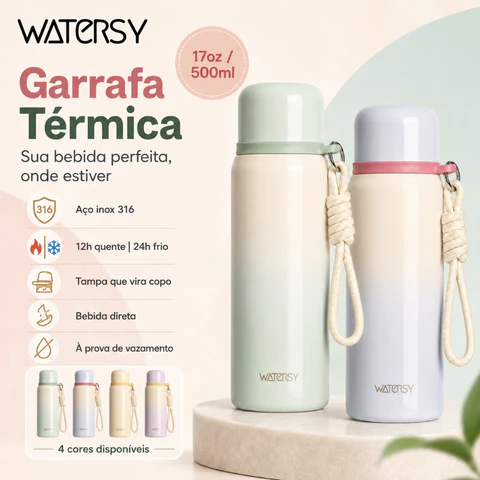Watersy Garrafa Térmica 500ml Inox 304 Quente/Frio com Alça - Ideal para Esportes e Escola