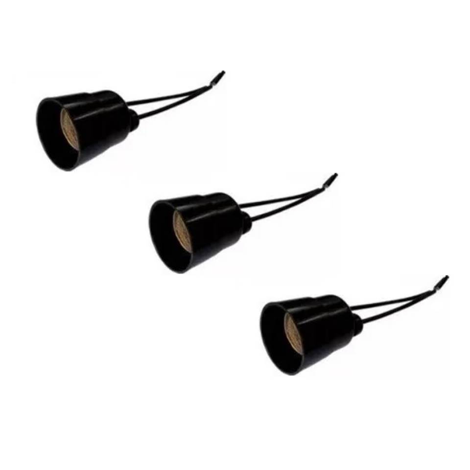 Kit com 3 Soquete de Plástico Bocal E-27 com Rabicho ~ Bocal para Lâmpada ~ Soquete simples