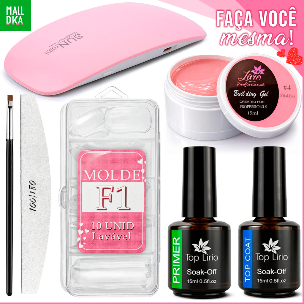 Kit Manicure Unhas de Gel Completo Construtor Unhas Profissional – Molde F1 + Lixa + Mini Cabine UV/LED