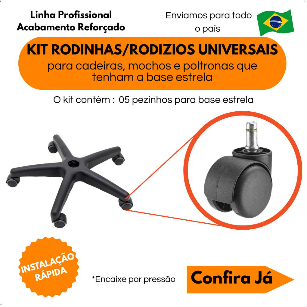 Kit de rodizios 5 peças rodinhas para cadeiras gamer cadeira escritorio carrinho auxiliar cirandinha