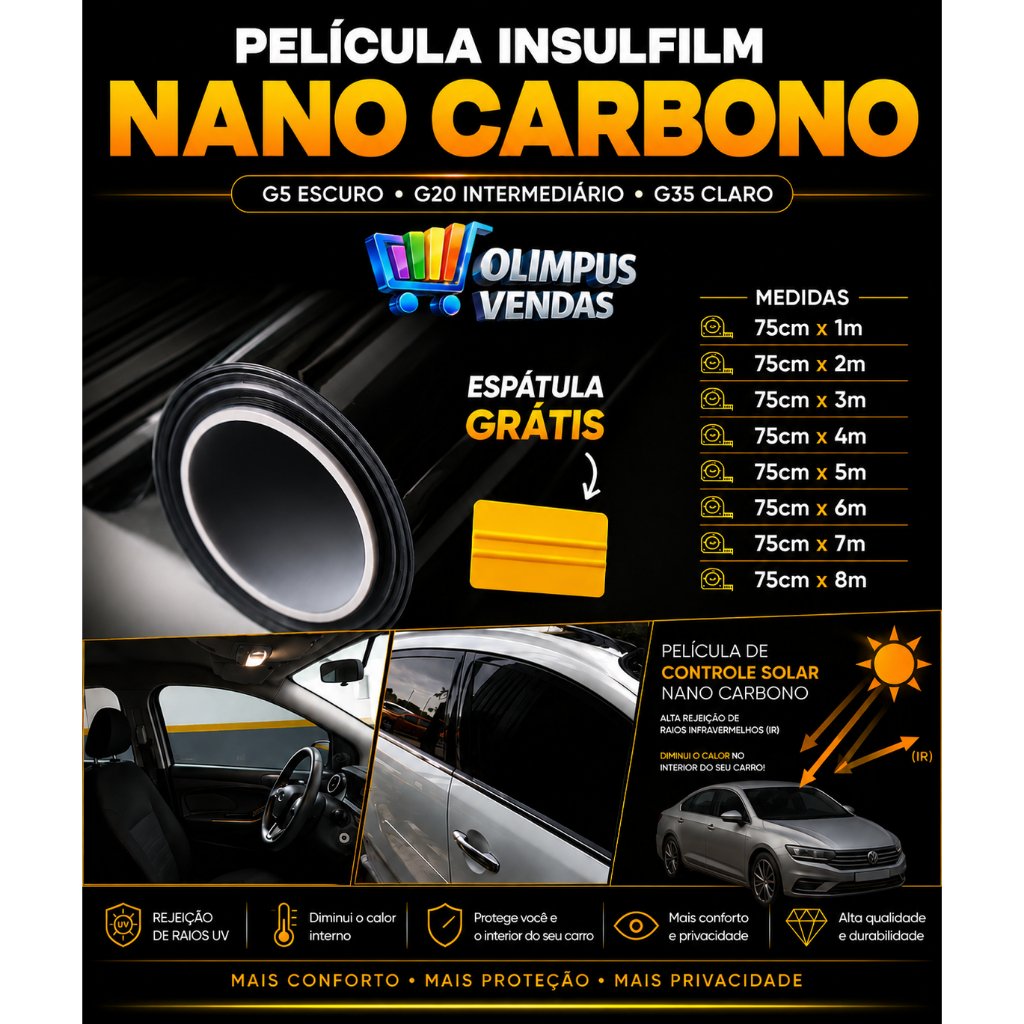Película Insulfilm Nano Carbono Profissional 75cm Larg. – G5, G20, G35 Automotiva/Residencial